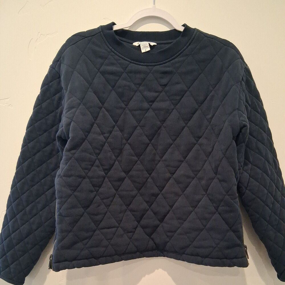 Athleta Sweatshirt Navy Blue Retroplush Quilted Crewneck Side Zippers size Small